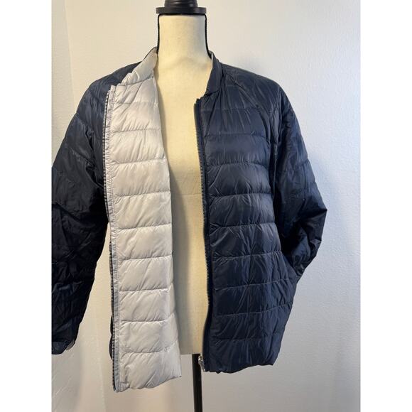 Athleta Reversible Navy Silver Gray Down Puffer Jacket Reversawarm L - Picture 1 of 8
